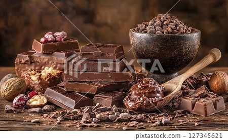 Dark Chocolate Delights: Cocoa Beans, Bars, and Truffles 127345621