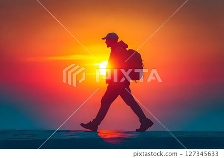 Silhouette of a Hiker Against a Fiery Sunset, Walking on a Textu Silhouette of a Hiker Against a Fiery Sunset, Walking on a Textu 127345633