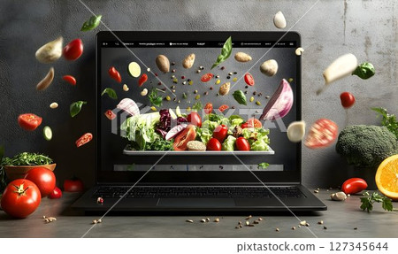 Vibrant Vegetables Leap from Laptop Screen in Culinary Digital A 127345644