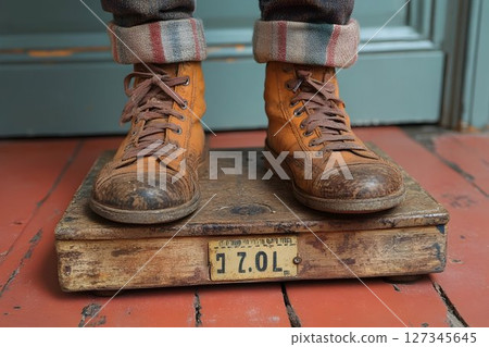 Worn leather boots on vintage wooden scale with cuffed striped p 127345645