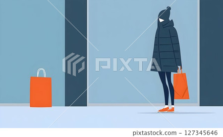 Stylized Shopper in Winter Gear with Orange Bags Against Blue Ge 127345646