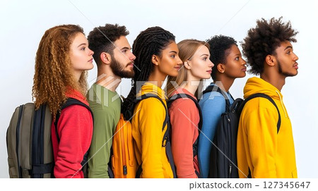 Diverse Students in Profile with Backpacks, Looking Ahead 127345647