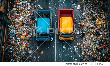Aerial View of Waste Removal Trucks Amidst Roadside Garbage 127345700