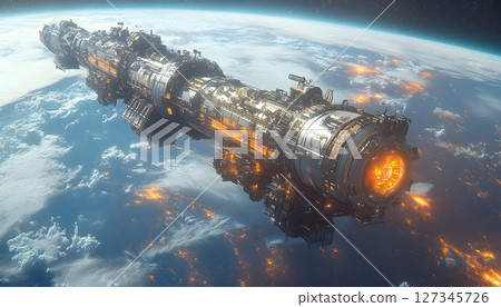 Glowing Spaceship Orbits Earth's Night Lights 127345726