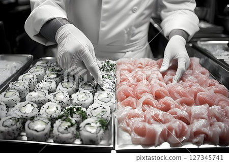 Sushi Chef Preparing Fresh Rolls and Sliced Fish in a Selective 127345741