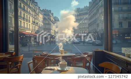 Parisian Cafe Scene: Steaming Coffee Cups and Cityscape View Thr 127345742