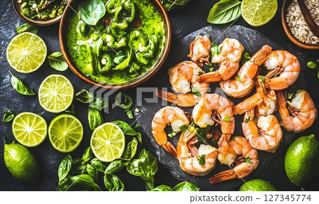 Vibrant Thai Green Curry with Shrimp, Limes, and Basil on Dark S 127345774