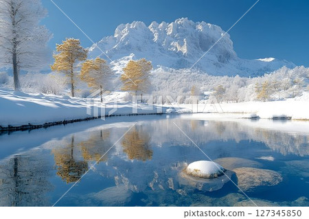 Serene Winter Reflection: Snow-Capped Mountain Mirrored in Calm Lake Surface 127345850