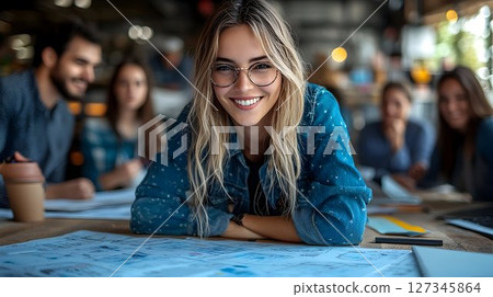Young woman smiling during a collaborative design meeting with colleagues 127345864