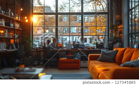 Cozy modern loft apartment with people working and fall colors outside the window 127345865