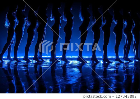 Ethereal dance: Silhouetted figures bathed in radiant blue luminescence 127345892