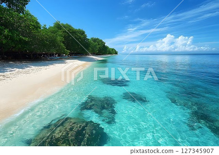 Idyllic tropical beach scene with turquoise water and white sand shore 127345907