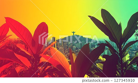 Lush foliage framing urban landscape and iconic statue silhouette in Rio 127345910