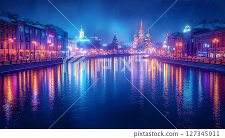Moscow cityscape with illuminated architecture reflecting on the river at night 127345911