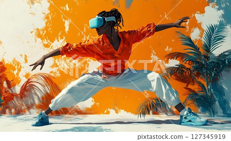 Immersive reality experience: A woman in VR headset explores virtual tropics 127345919