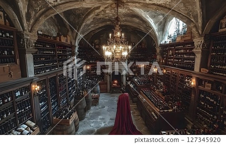 Grand wine cellar ambiance with a figure in red cloak surrounded by bottles 127345920
