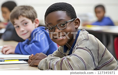 Classroom focus on diverse learning with smiling students at desk 127345971