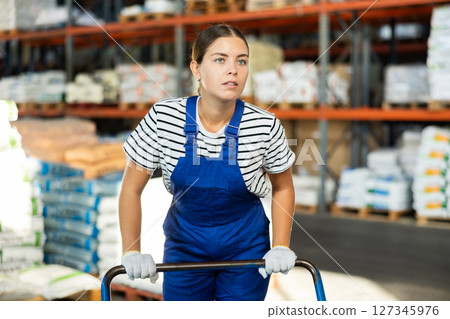 Young loader woman pushing cart in warehouse Young loader woman pushing cart in warehouse 127345976