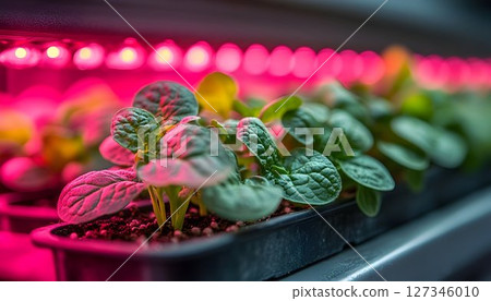 Indoor Spinach Seedlings Sprouting Under Pink LED Grow Lights in 127346010