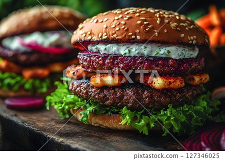 Gourmet Beetroot and Paneer Burger with Creamy Herb Dressing 127346025