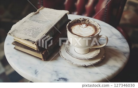 Latte Art and Antique Books on Marble Table, Cozy Cafe Atmospher 127346030