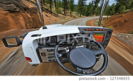 Driving Perspective: Inside a White RV, Winding Road Through For Driving Perspective: Inside a White RV, Winding Road Through For 127346055
