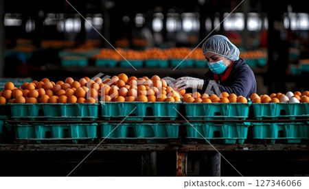 Egg Factory Worker Inspecting Fresh Eggs in Turquoise Cartons wi 127346066
