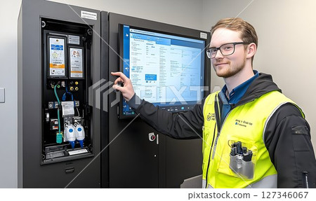 Technician Interacting with Computer System and Equipment in Mod Technician Interacting with Computer System and Equipment in Mod 127346067
