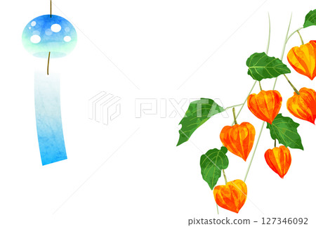 Wind chimes and ground cherries late summer greeting postcard, horizontal, illustration, cute, summer Wind chimes and ground cherries late summer greeting postcard, horizontal, illustration, cute, summer 127346092