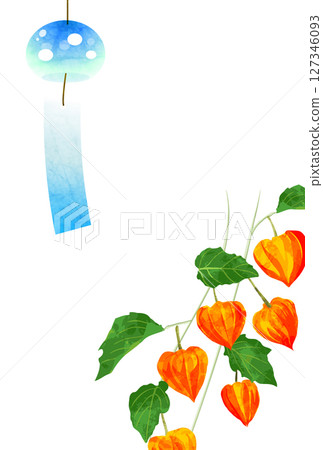 風鈴和酸漿果明信片，用於夏末問候，垂直，插圖，可愛，夏天 127346093