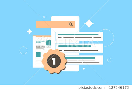 Search ranking and featured snippets in AI-powered search with zero-click results. Programmatic SEO strategy and top position in SGE environment. Clean wide search ranking flat vector illustration 127346173