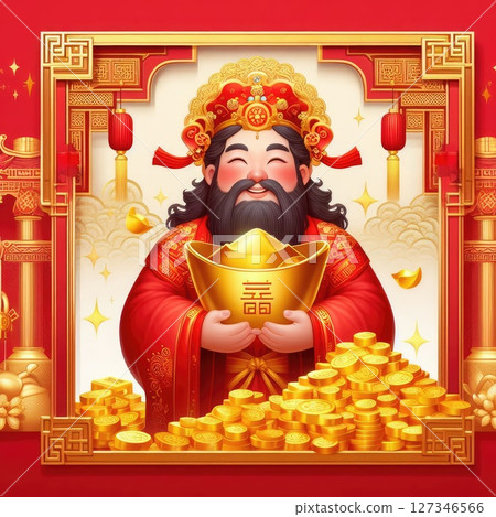 New year god of wealth character design with lucky money collection with Generative AI. 127346566