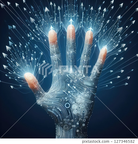 Abstract digital hand holding rising arrows with Generative AI. 127346582