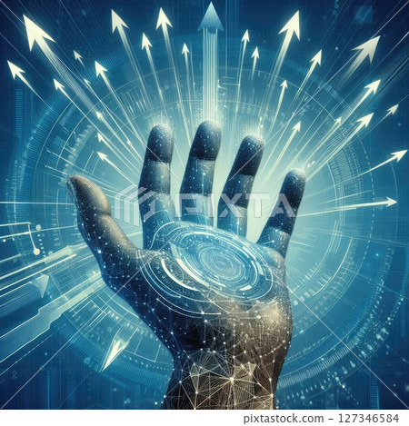 Abstract digital hand holding rising arrows with Generative AI. 127346584