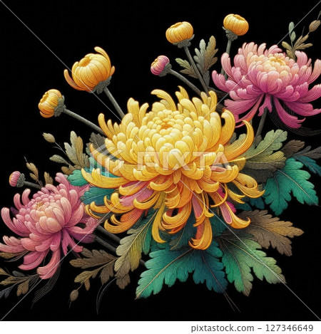 Transparent embroidered chrysanthemum with Generative AI. 127346649