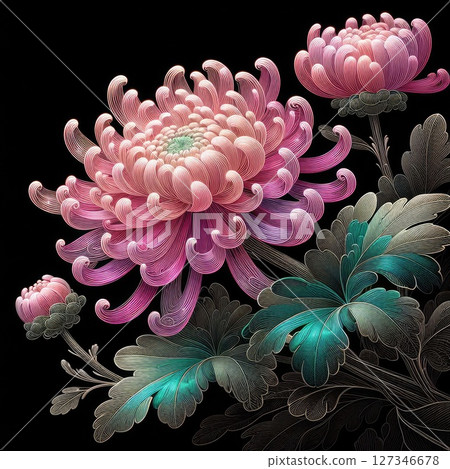 Transparent embroidered chrysanthemum with Generative AI. 127346678