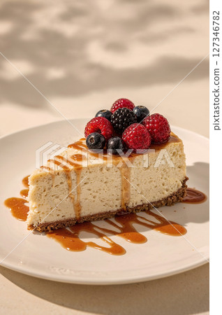 Close-up of a delicious slice of cheesecake topped with fresh mixed berries and drizzled with rich caramel sauce on a white plate, featuring natural sunlight and shadow play. 127346782