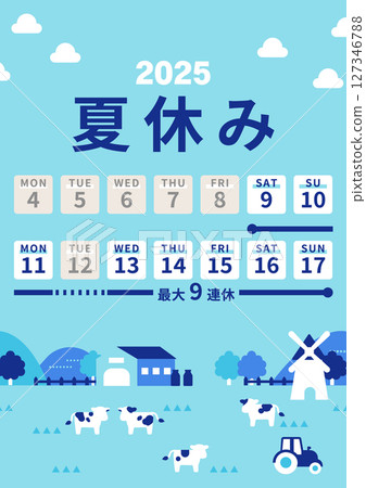 2025 Summer Vacation Schedule Calendar (Blue background, up to 9 consecutive holidays, ranch scenery) 127346788