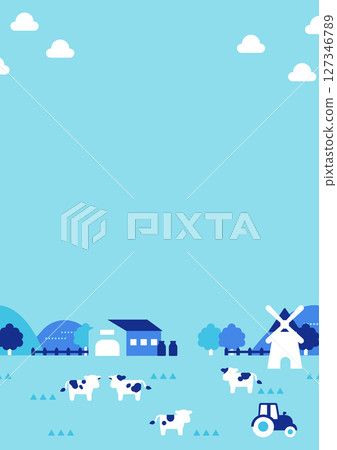 藍天和牧場(乳牛、風車、農場風景)的簡單垂直插圖 藍天和牧場(乳牛、風車、農場風景)的簡單垂直插圖 127346789