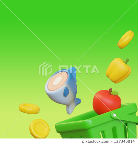 Shopping basket with food and money 127346814