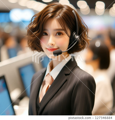 Professional Asian Female Call Center Operator in Uniform with Headset for Customer Service and Support Concept with Generative AI. 127346884