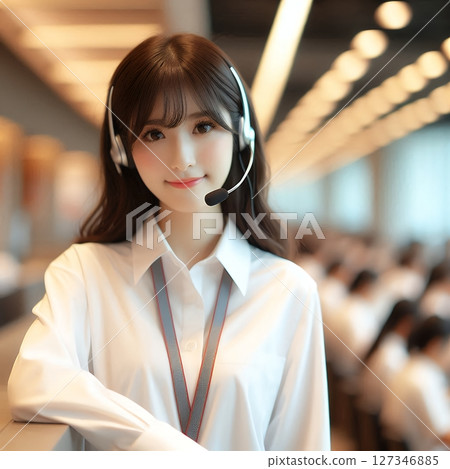 Professional Asian Female Call Center Operator in Uniform with Headset for Customer Service and Support Concept with Generative AI. 127346885