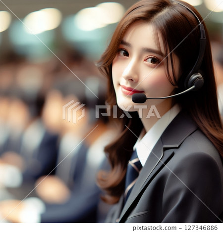 Professional Asian Female Call Center Operator in Uniform with Headset for Customer Service and Support Concept with Generative AI. 127346886