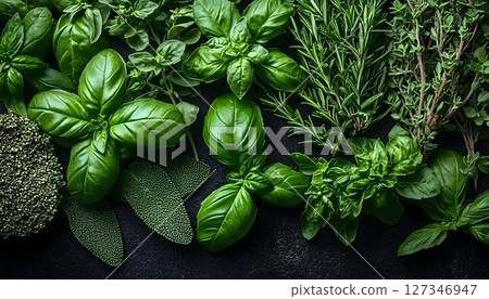 Fresh herbs and spices culinary background overhead view 127346947