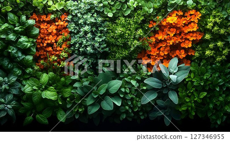 Lush green and orange vertical garden plant wall background 127346955