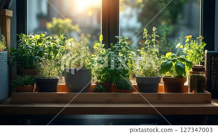 Sunlight herbs on windowsill fresh green plants in pots 127347003