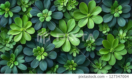 Lush green leaves overhead view botanical texture background 127347004