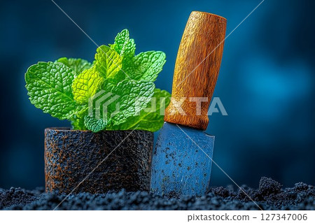 Vibrant green mint plant with gardening knife on dark soil 127347006