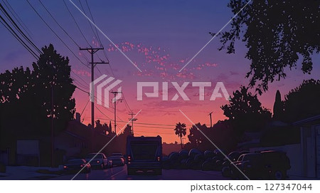 Evening cityscape silhouette pink and purple sunset sky 127347044