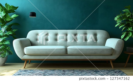 Mid century modern sofa teal wall decor interior design Mid century modern sofa teal wall decor interior design 127347162